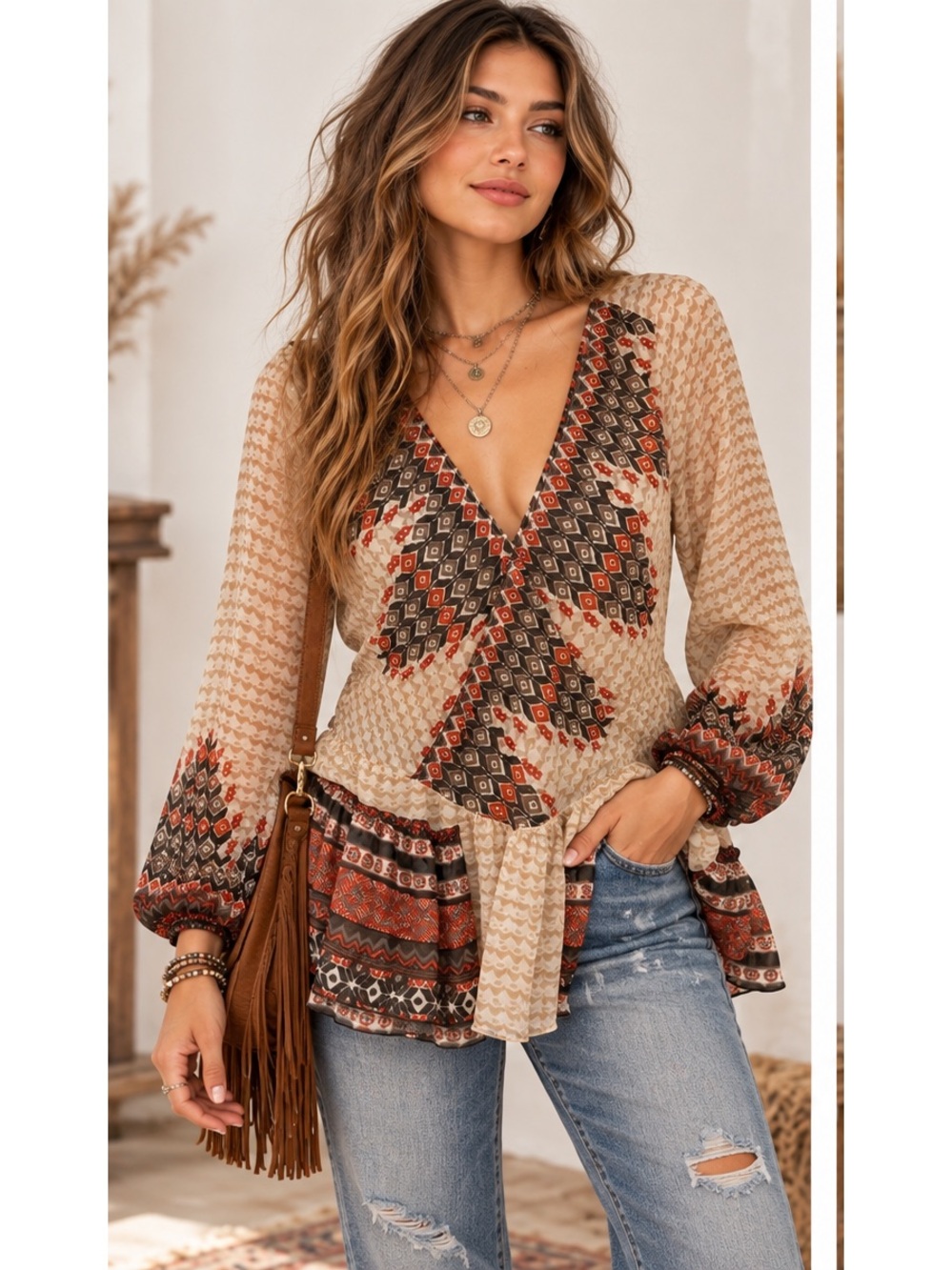 Free People Boho Fall V-Neck Printed Long Sleeve Tunic Top -Beige & Rust small